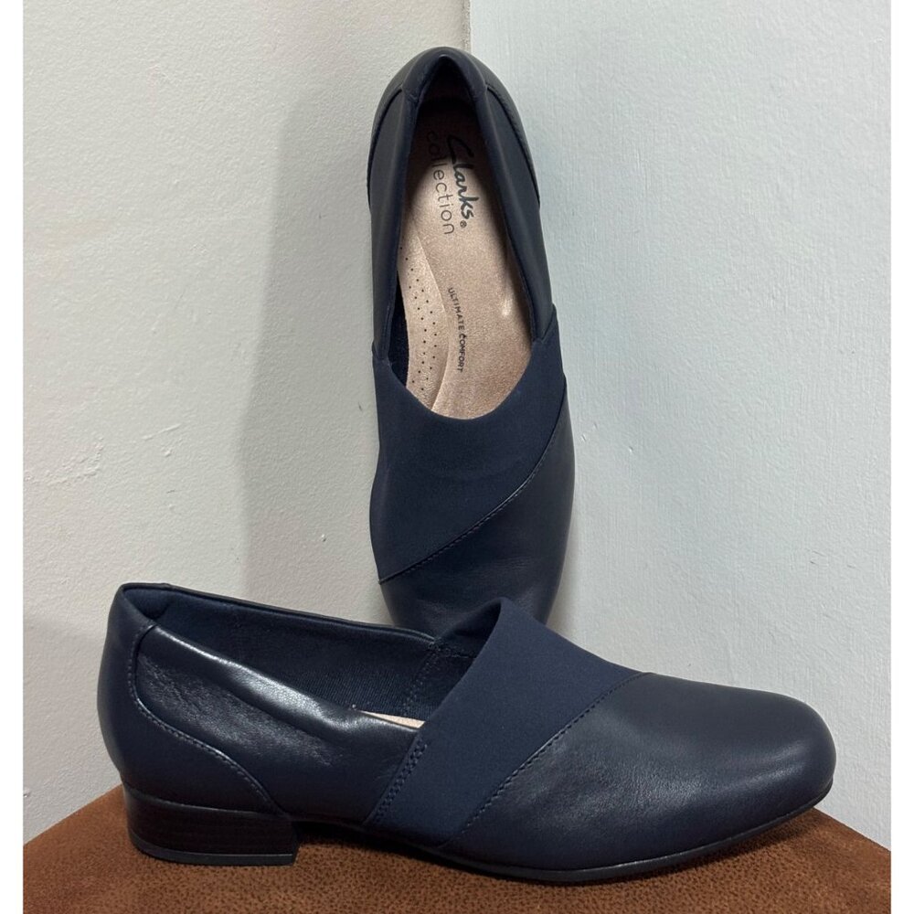 CLARKS JILIET LEATHER SHOES SIZE 7.5 M BLUE SLIP ON HEELED LOAFERS STRETCHY COMF
